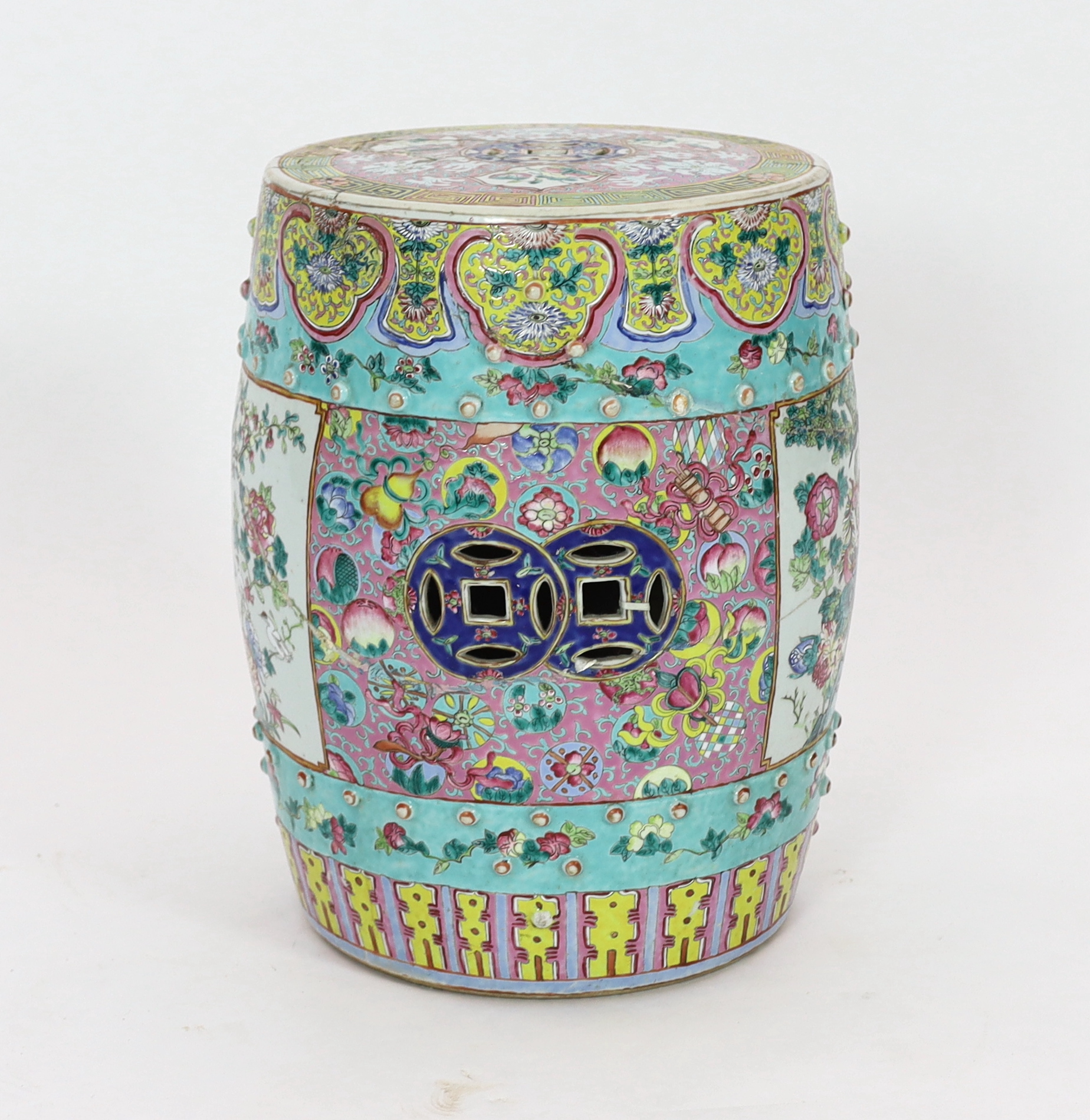 A 19th century Chinese Canton decorated famille rose garden seat (restored), 46cm high